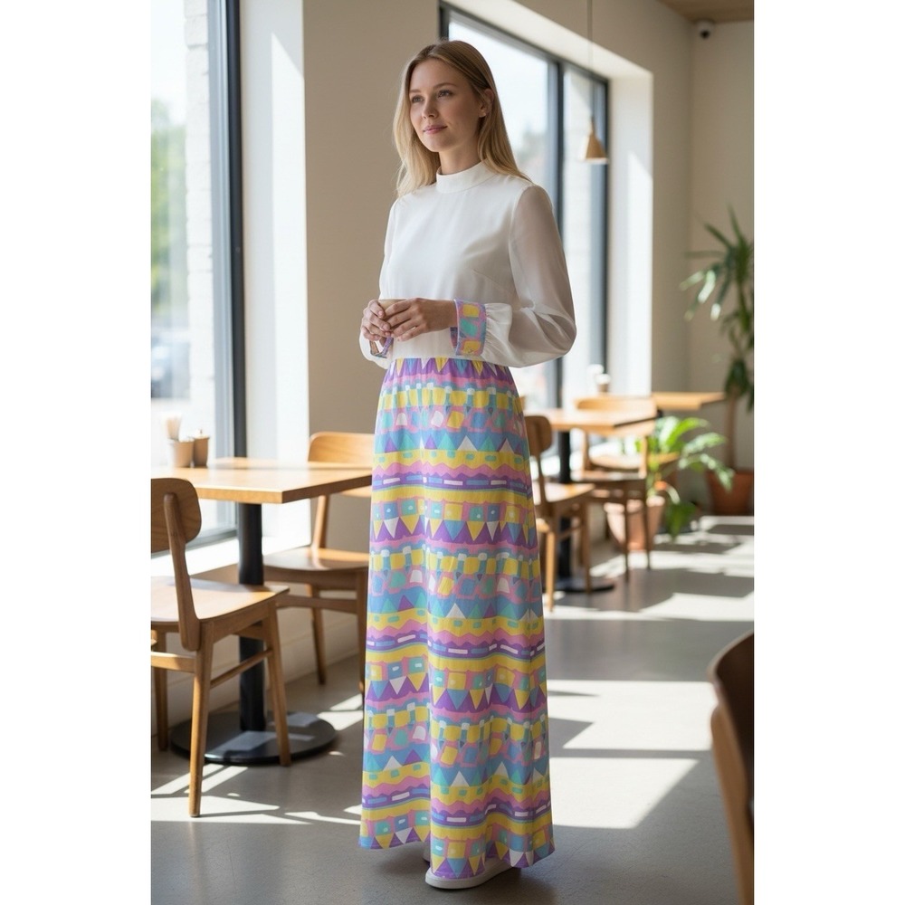 Vintage 70s ILGWU Union Made Maxi Dress Sheer Sleeves …See Description